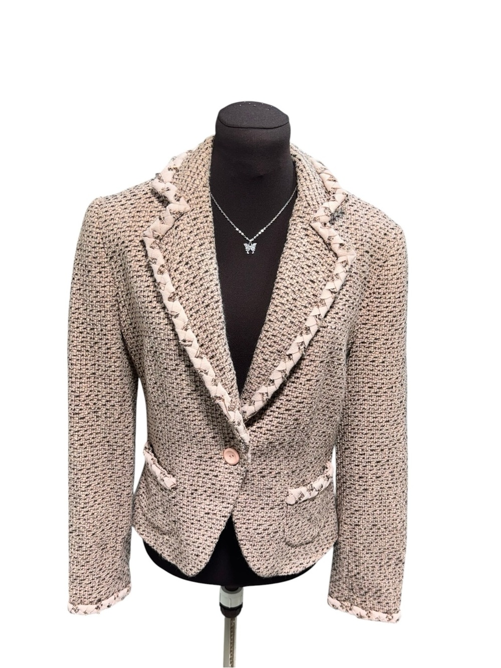 Zara Basic Tweed Blazer Womens Size 8 Pink Beige Wool Blend Ruffle Trim